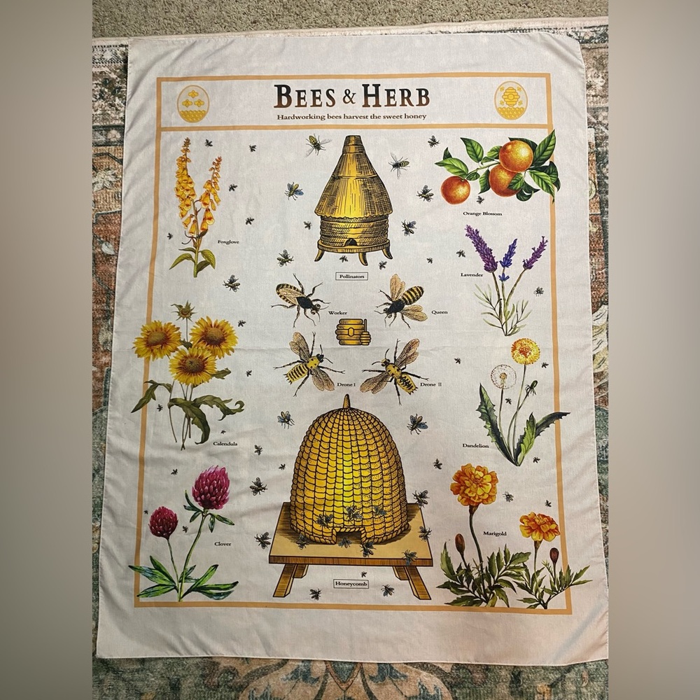 Illustrated Bee and Herb Fabric Tapestry - Picture 2 of 8